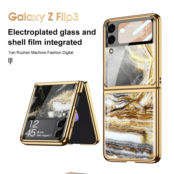 For Samsung Galaxy Z Flip3 5G GKK Marble Pattern Electroplating Glass Phone Case(Marble 01)