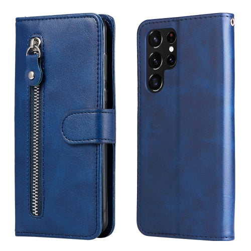 For Samsung Galaxy S22 Ultra 5G Calf Texture Zipper Horizontal Flip Leather Phone Case(Blue)