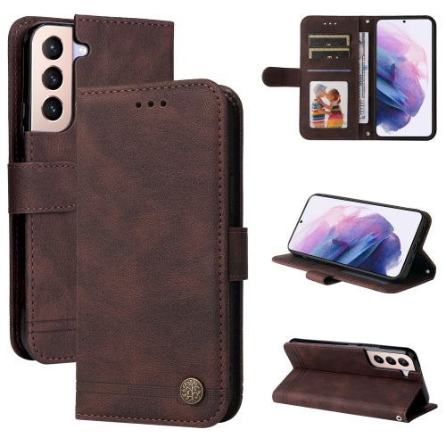 For Samsung Galaxy S22 5G Skin Feel Life Tree Metal Button Horizontal Flip Leather Phone C...(Brown)