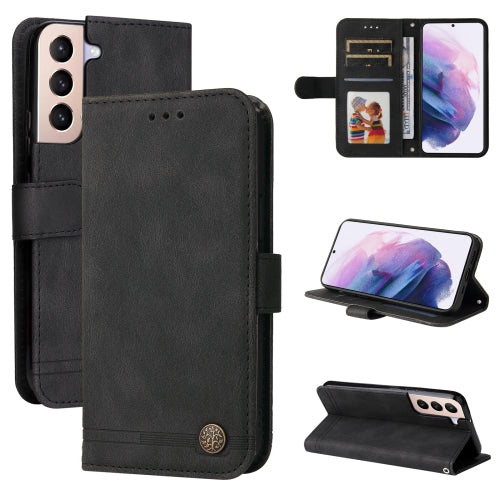 For Samsung Galaxy S22 5G Skin Feel Life Tree Metal Button Horizontal Flip Leather Phone C...(Black)