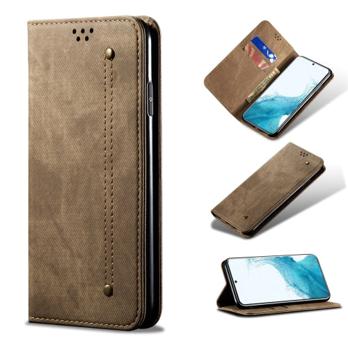 For Samsung Galaxy S22 5G Denim Texture Casual Style Horizontal Flip Leather Case with Hol...(Khaki)