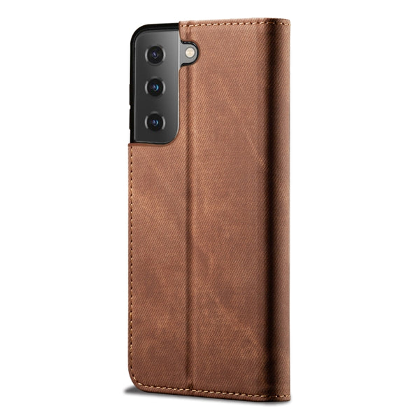 For Samsung Galaxy S22 5G Denim Texture Casual Style Horizontal Flip Leather Case with Hol...(Brown)