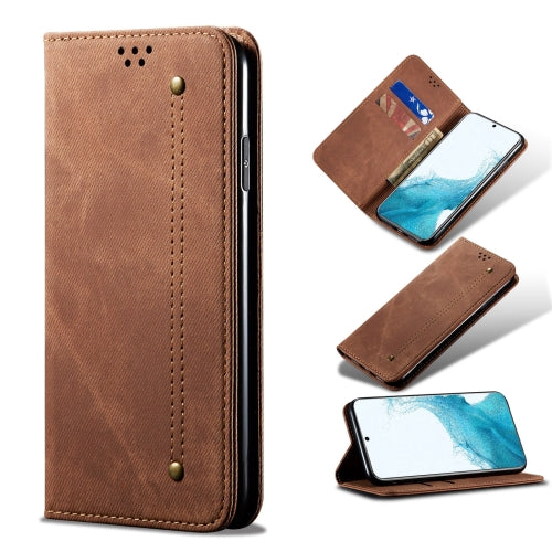 For Samsung Galaxy S22 5G Denim Texture Casual Style Horizontal Flip Leather Case with Hol...(Brown)