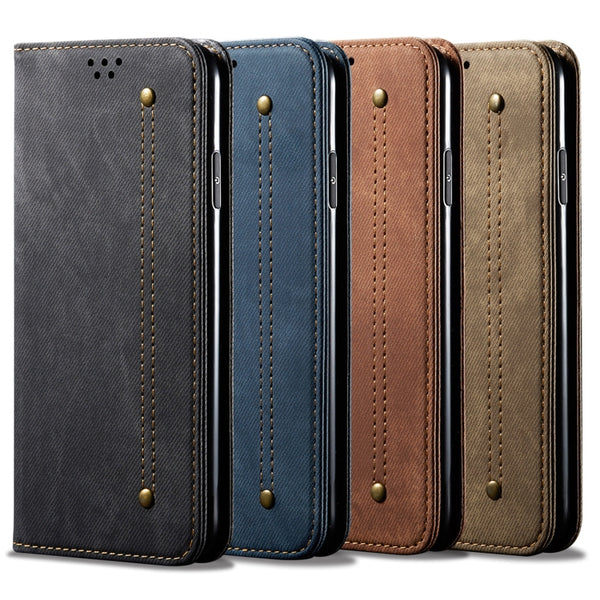 For Samsung Galaxy S22 5G Denim Texture Casual Style Horizontal Flip Leather Case with Hol...(Brown)