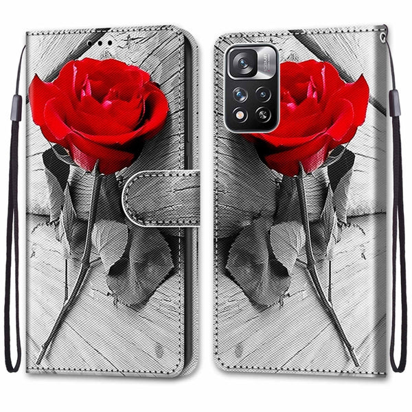 For Xiaomi Redmi Note 11 Pro 11 Pro Global Coloured Drawing Cross Texture Hor...(Red Rose On Wooden)