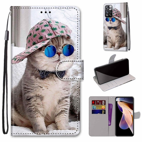 For Xiaomi Redmi Note 11 Pro 11 Pro Global Coloured Drawing Cross Te...(Oblique Hat Blue Mirror Cat)