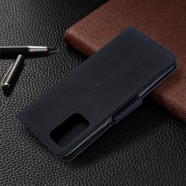 For Galaxy S20 Litchi Texture Pure Color Horizontal Flip PU Leather Case with Holder & Car...(Black)