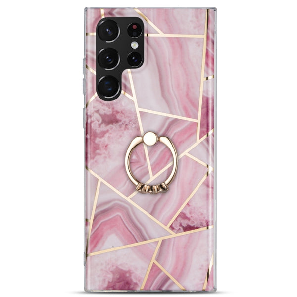 For Samsung Galaxy A42 5G Electroplating IMD Marble TPU Phone Case with Ring(Rose Red)