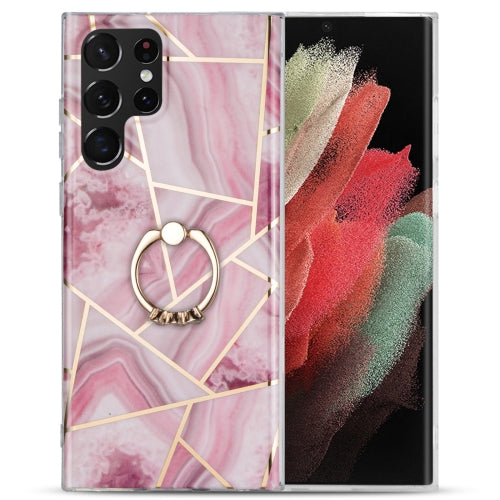 For Samsung Galaxy A42 5G Electroplating IMD Marble TPU Phone Case with Ring(Rose Red)