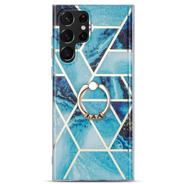 For Samsung Galaxy A42 5G Electroplating IMD Marble TPU Phone Case with Ring(Blue)