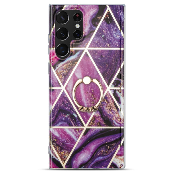 For Samsung Galaxy A42 5G Electroplating IMD Marble TPU Phone Case with Ring(Purple)