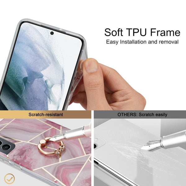 For Samsung Galaxy A42 5G Electroplating IMD Marble TPU Phone Case with Ring(Light Pink Grey)