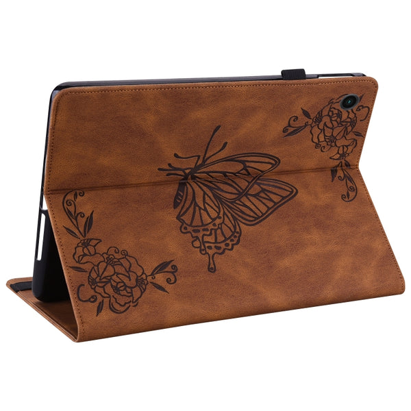 For Samsung Galaxy Tab A8 10.5 2021 Butterfly Flower Embossed Leather Tablet Case(Brown)