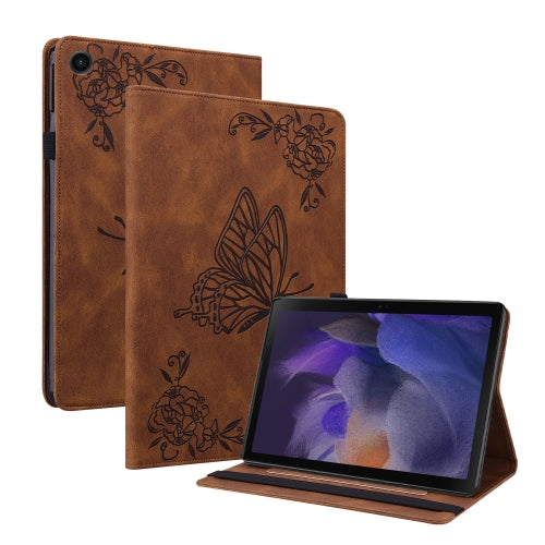 For Samsung Galaxy Tab A8 10.5 2021 Butterfly Flower Embossed Leather Tablet Case(Brown)
