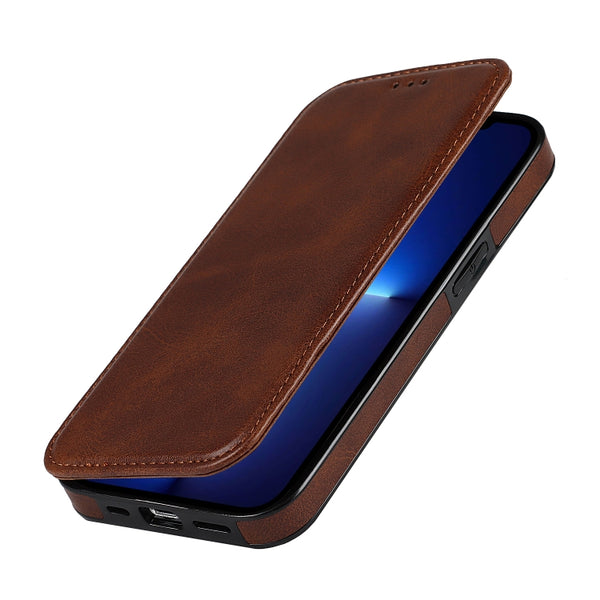 For iPhone 13 Pro Max Knight Magnetic Suction Leather Phone Case (Brown)