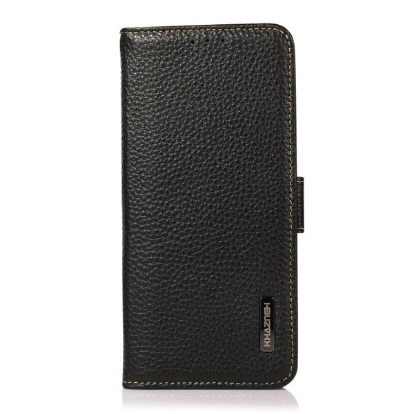 For iPhone 14 Pro Max KHAZNEH Side-Magnetic Litchi Genuine Leather RFID Phone Case (Black)