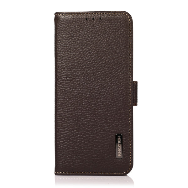 For iPhone 14 Pro Max KHAZNEH Side-Magnetic Litchi Genuine Leather RFID Phone Case (Brown)