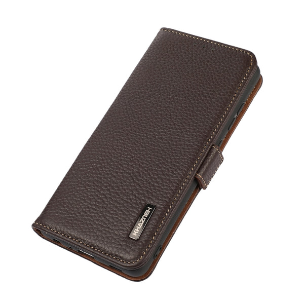 For iPhone 14 Pro Max KHAZNEH Side-Magnetic Litchi Genuine Leather RFID Phone Case (Brown)