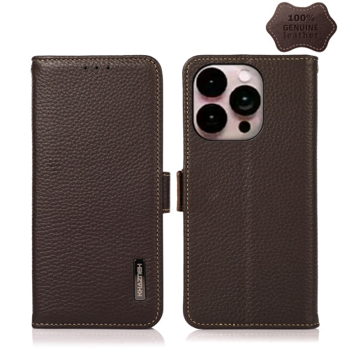 For iPhone 14 Pro Max KHAZNEH Side-Magnetic Litchi Genuine Leather RFID Phone Case (Brown)