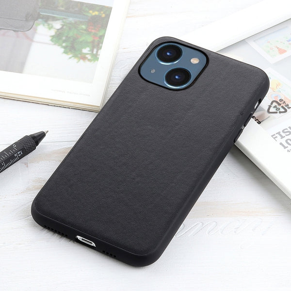 For iPhone 14 Lambskin Texture Genuine Leather Phone Case (Black)