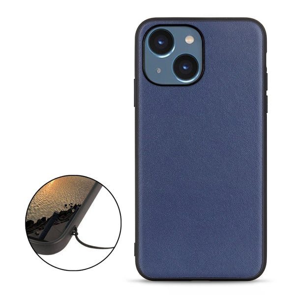 For iPhone 14 Lambskin Texture Genuine Leather Phone Case (Blue)