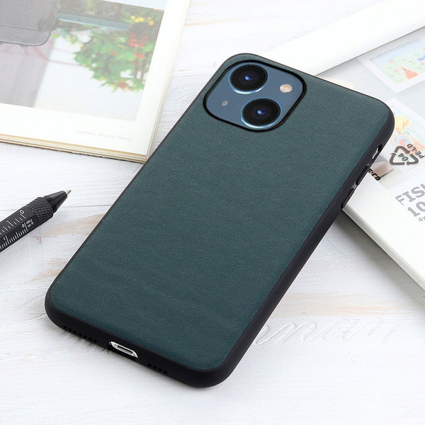 For iPhone 14 Lambskin Texture Genuine Leather Phone Case (Green)