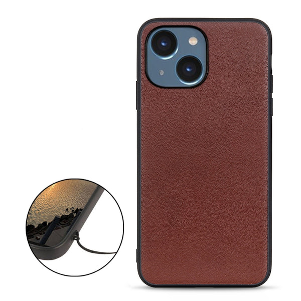 For iPhone 14 Lambskin Texture Genuine Leather Phone Case (Brown)