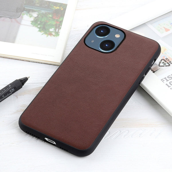 For iPhone 14 Lambskin Texture Genuine Leather Phone Case (Brown)