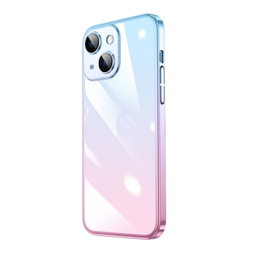 For iPhone 14 Plus Transparent Electroplated PC Gradient Phone Case (Pink Blue)