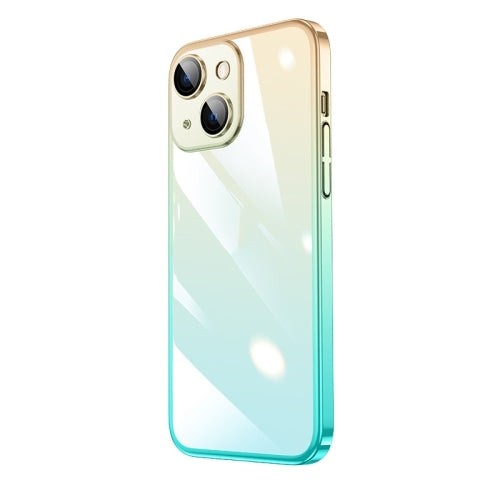 For iPhone 14 Plus Transparent Electroplated PC Gradient Phone Case (Cyan-blue Gold)