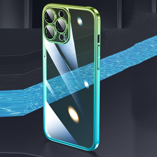 For iPhone 14 Plus Transparent Electroplated PC Gradient Phone Case (Cyan-blue Green)