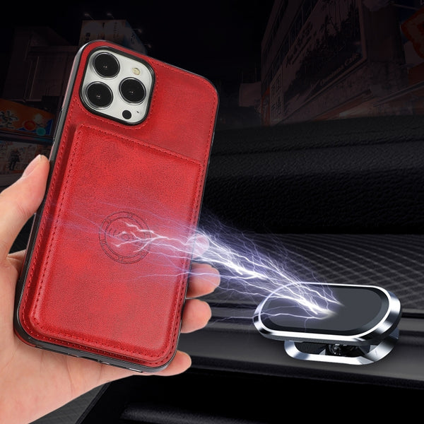 For iPhone 14 Pro Max Calf Texture Magnetic Card Bag Case (Red)