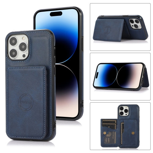 For iPhone 14 Pro Max Calf Texture Magnetic Card Bag Case (Blue)