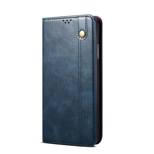 For iPhone 14 Pro Simple Wax Crazy Horse Texture Horizontal Flip Leather Case(Navy Blue)