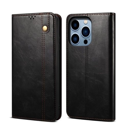 For iPhone 14 Pro Simple Wax Crazy Horse Texture Horizontal Flip Leather Case(Black)