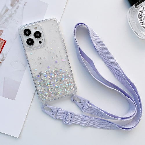 For iPhone 13 mini Lanyard Glitter Epoxy Clear Phone Case (Purple)