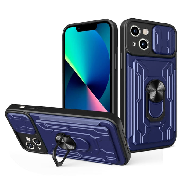 For iPhone 14 Plus Lanyard Slide Camshield Card Phone Case (Royal Blue)
