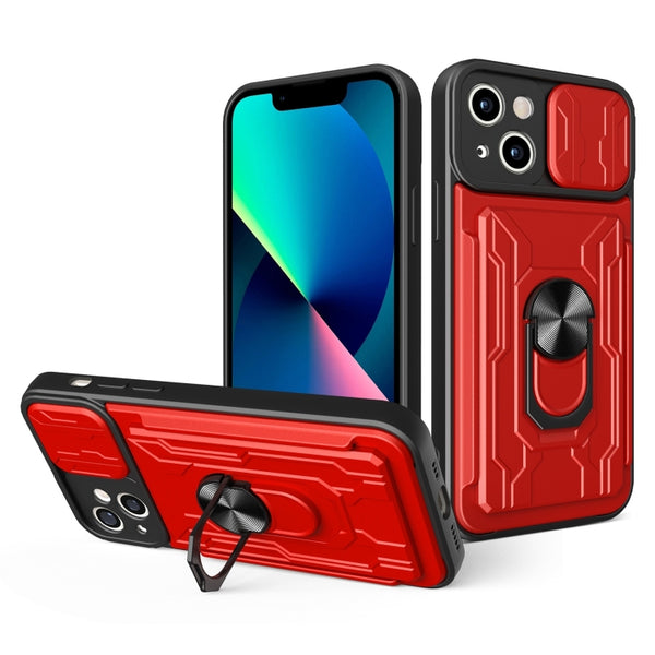 For iPhone 14 Plus Lanyard Slide Camshield Card Phone Case (Red)