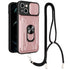 For iPhone 14 Plus Lanyard Slide Camshield Card Phone Case (Rose Gold)