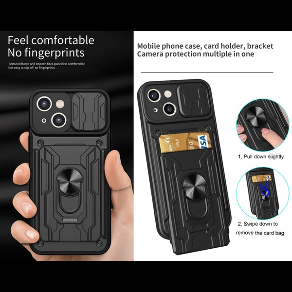 For iPhone 14 Plus Lanyard Slide Camshield Card Phone Case (Black)