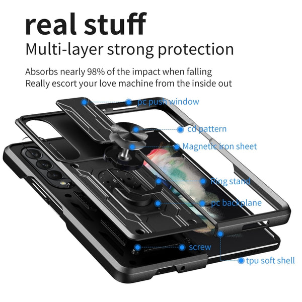 For Samsung Galaxy Z Fold4 Lanyard Slide Camshield Card Phone Case(Titanium Silver Gray)