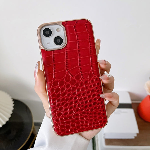 For iPhone 14 Crocodile Texture Genuine Leather Nano Electroplating Phone Case (Red)