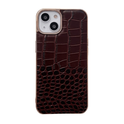 For iPhone 14 Crocodile Texture Genuine Leather Nano Electroplating Phone Case (Coffee)