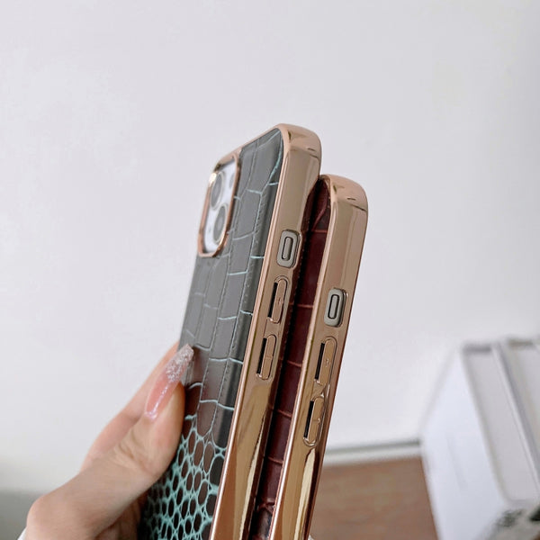 For iPhone 14 Crocodile Texture Genuine Leather Nano Electroplating Phone Case (Coffee)
