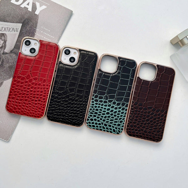 For iPhone 14 Crocodile Texture Genuine Leather Nano Electroplating Phone Case (Black)