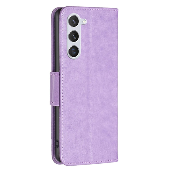 For Samsung Galaxy S23 5 Embossing Two Butterflies Pattern Leather Case(Purple)