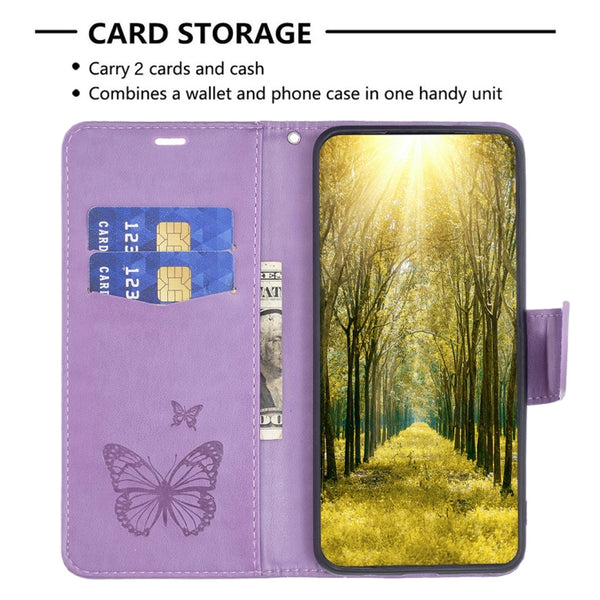 For Samsung Galaxy S23 5 Embossing Two Butterflies Pattern Leather Case(Purple)