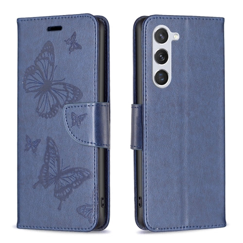 For Samsung Galaxy S23 5 Embossing Two Butterflies Pattern Leather Case(Blue)