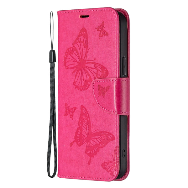 For Samsung Galaxy S23 5 Embossing Two Butterflies Pattern Leather Case(Rose Red)