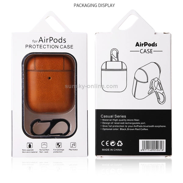 For AirPods 1 & 2 Anti-fall Crazy Horse Texture PU Leather Protective Case with Carabiner(Coffee)